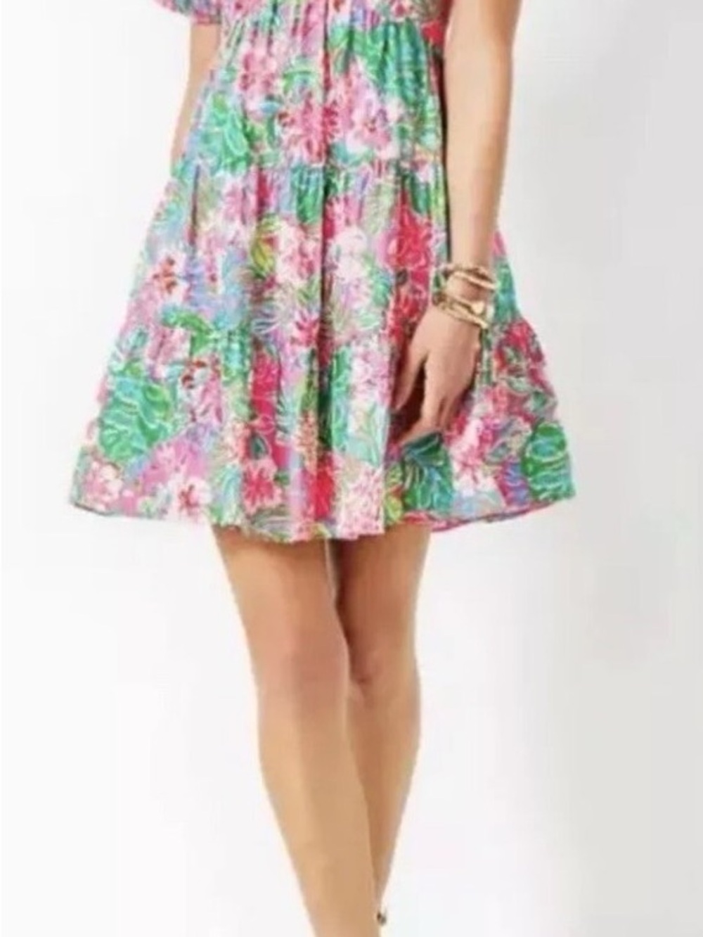 Lilly Pulitzer Pink Green Floral V-Neck Tiered Mini Dress - Picture 4 of 15
